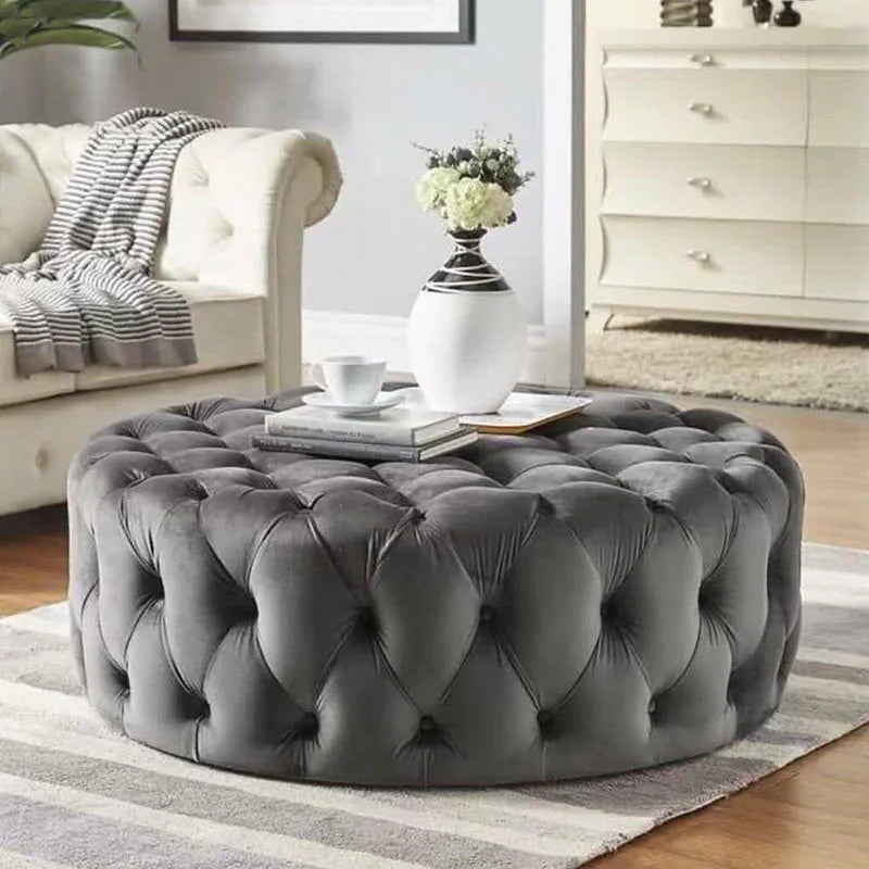 Velvet Round Ottoman - Luxury Pouf & Modern Stool