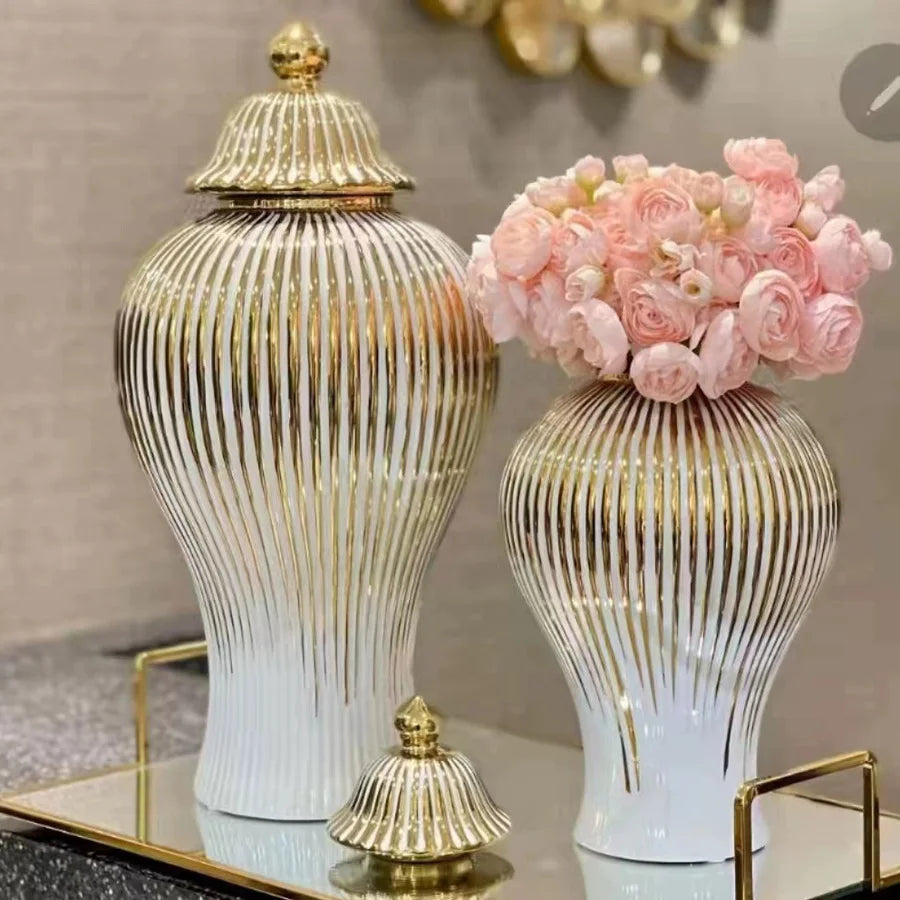 Ceramic Ginger Jar with Lid - Golden Stripes Vase