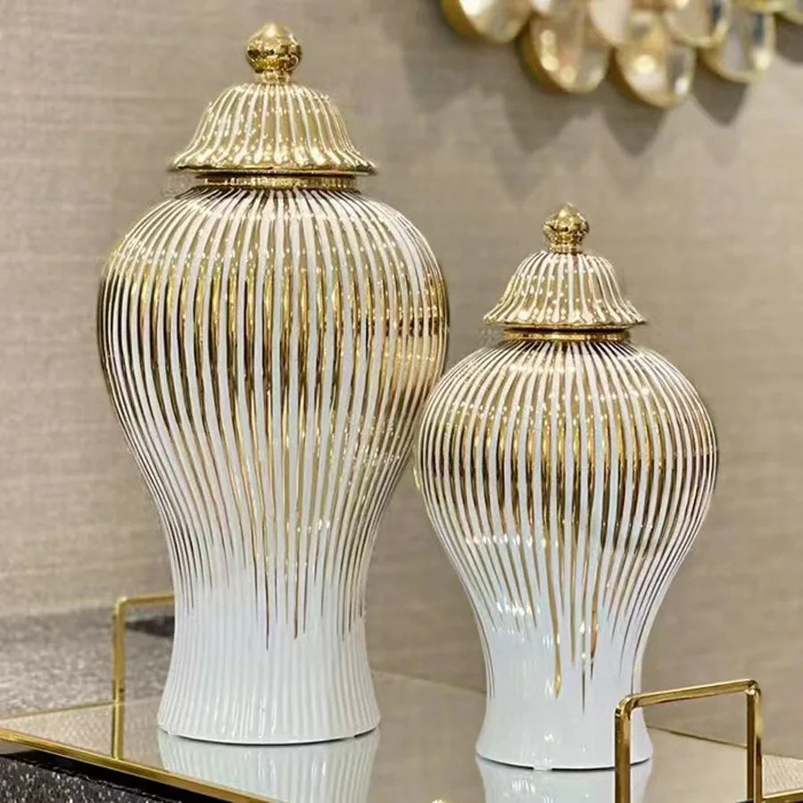 Ceramic Ginger Jar with Lid - Golden Stripes Vase